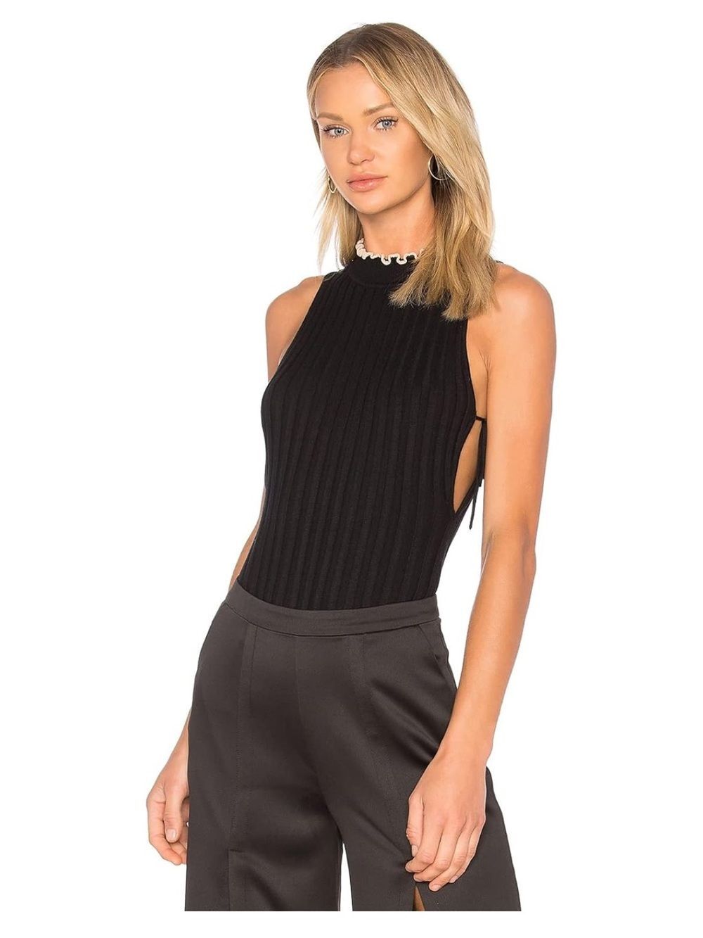 NBD Hope Black Ribbed Halter Bodysuit Side Cut Out Lace Up Tie NWT Small